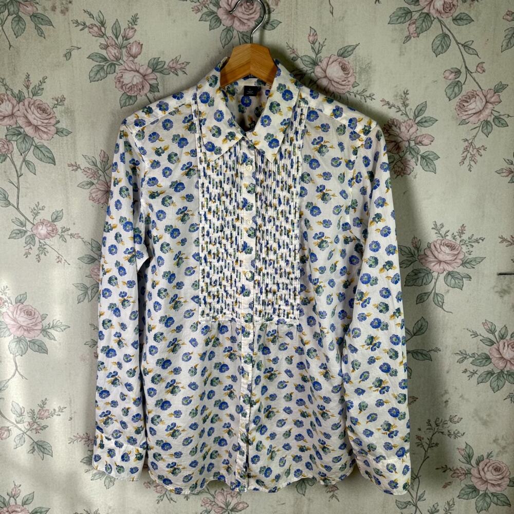 GAP Women's Large Cotton White Pansy Floral L/S Button Up Pintuck Pleated Blouse